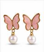 Pink Butterfly Pearl Drop Earrings for Women