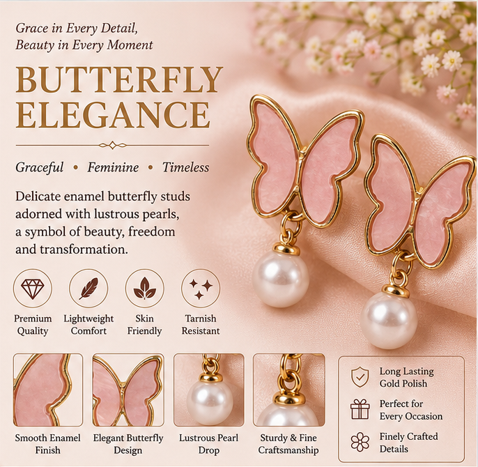 Pink Butterfly Pearl Drop Earrings for Women