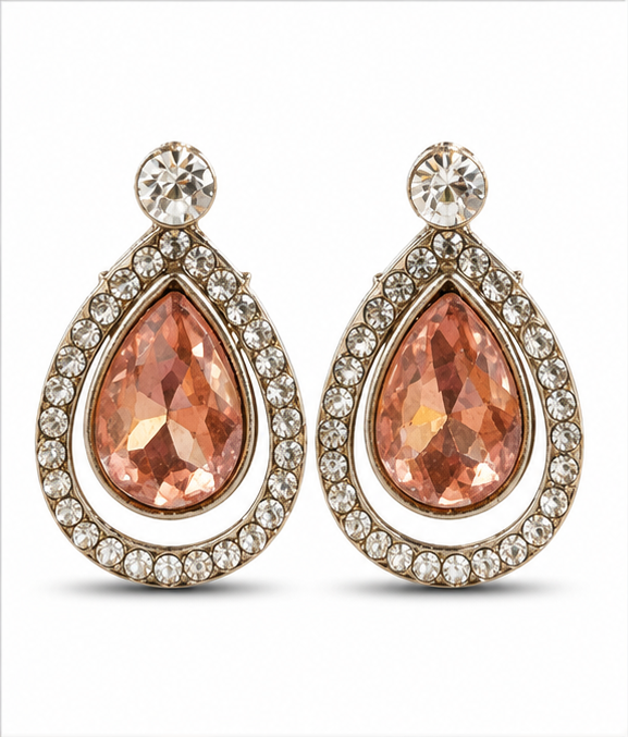 Rose Gold Peach Teardrop Crystal Stud Earrings