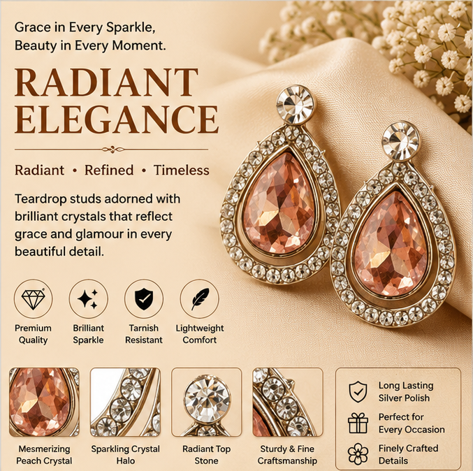Rose Gold Peach Teardrop Crystal Stud Earrings