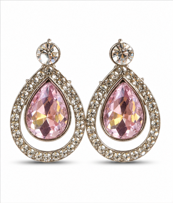 Silver Pink Crystal Teardrop Drop Earrings