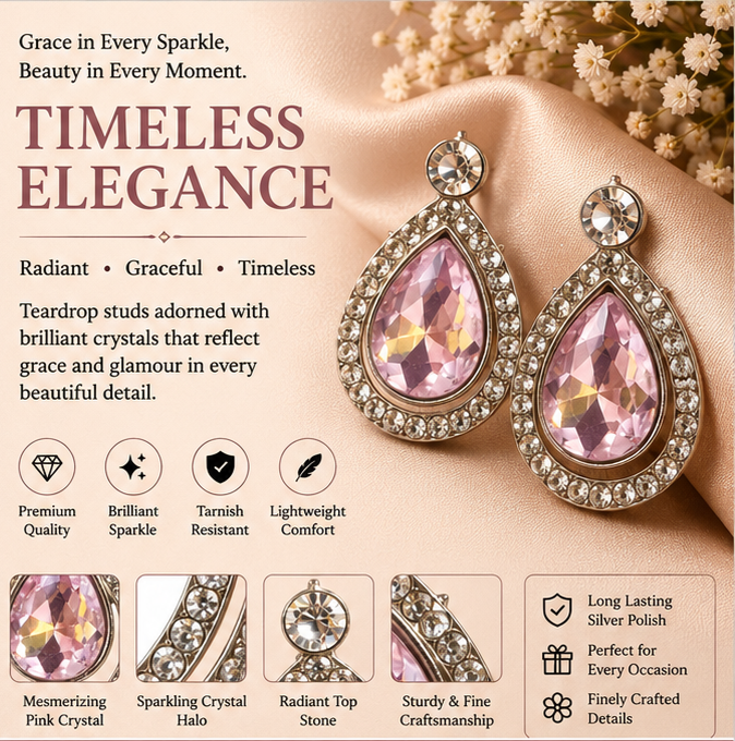 Silver Pink Crystal Teardrop Drop Earrings