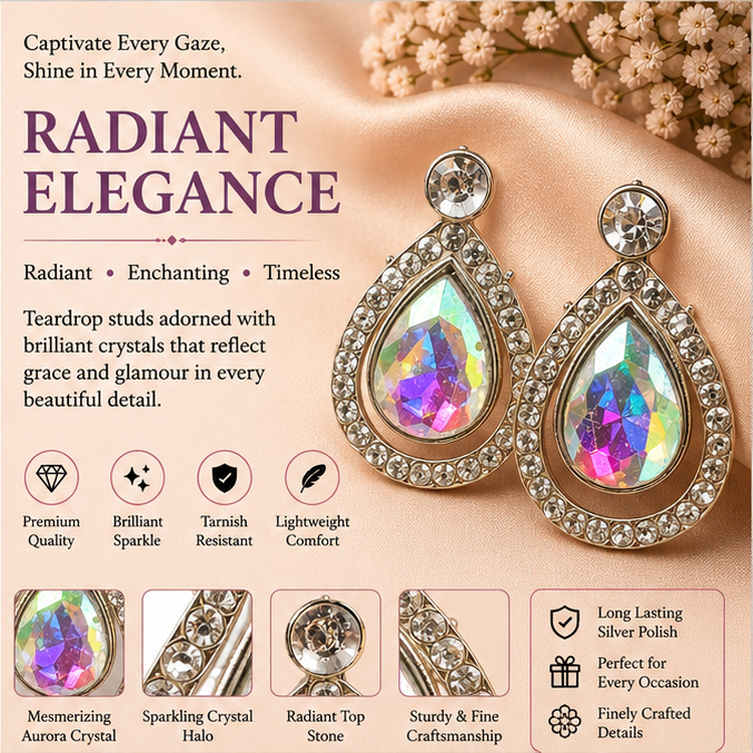 Silver Aurora Crystal Teardrop Drop Earrings