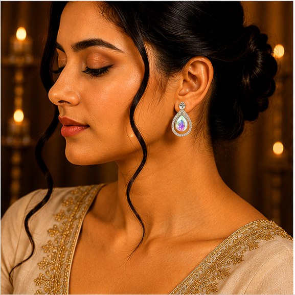 Silver Aurora Crystal Teardrop Drop Earrings