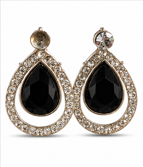 Silver Black Crystal Teardrop Drop Earrings