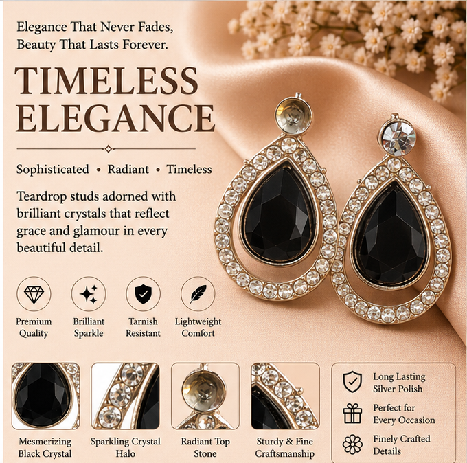 Silver Black Crystal Teardrop Drop Earrings