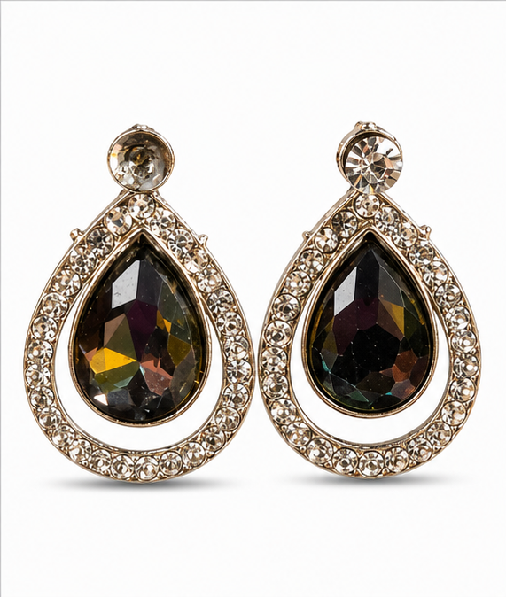 Silver Black Teardrop Crystal Stud Earrings