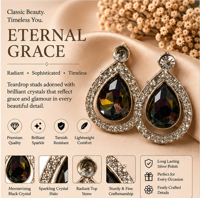Silver Black Teardrop Crystal Stud Earrings
