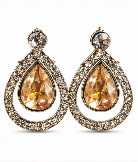 Silver Champagne Crystal Teardrop Drop Earrings