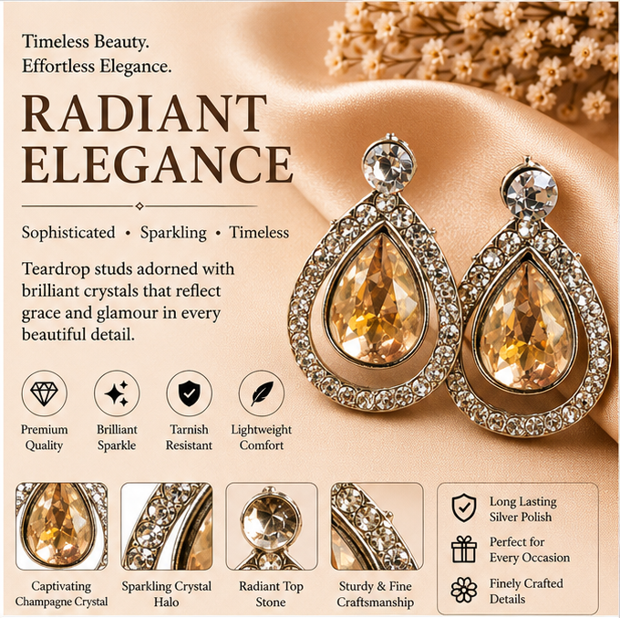 Silver Champagne Crystal Teardrop Drop Earrings