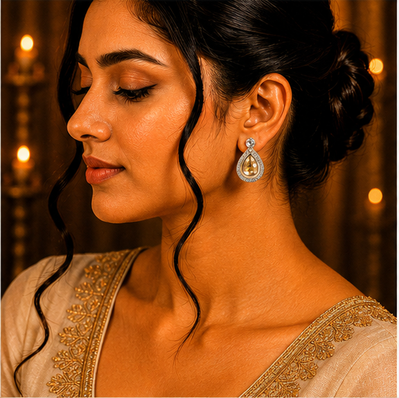 Silver Champagne Crystal Teardrop Drop Earrings
