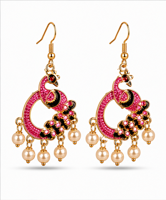 Pink Peacock Pearl Drop Earrings