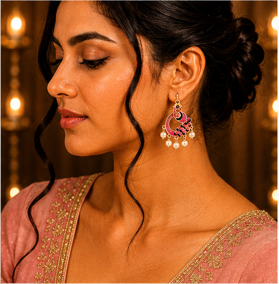 Pink Peacock Pearl Drop Earrings