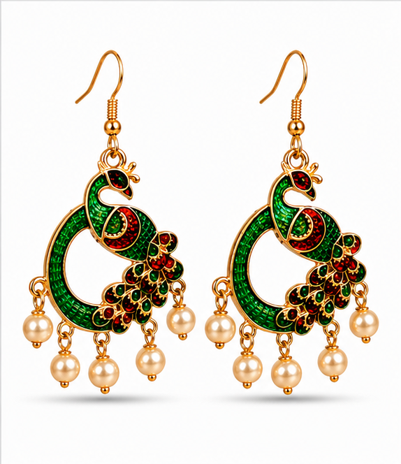 Green Peacock Pearl Drop Earrings
