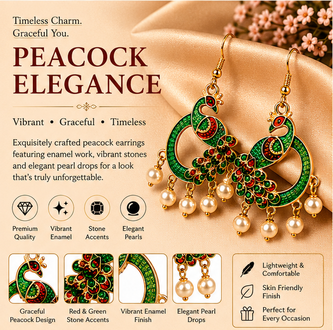 Green Peacock Pearl Drop Earrings