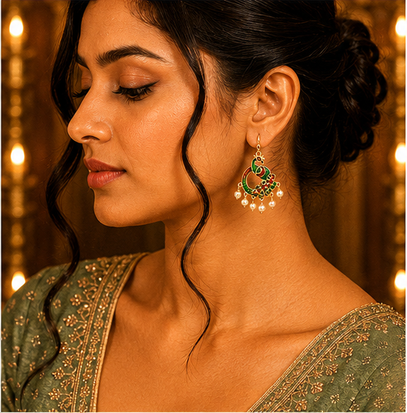 Green Peacock Pearl Drop Earrings