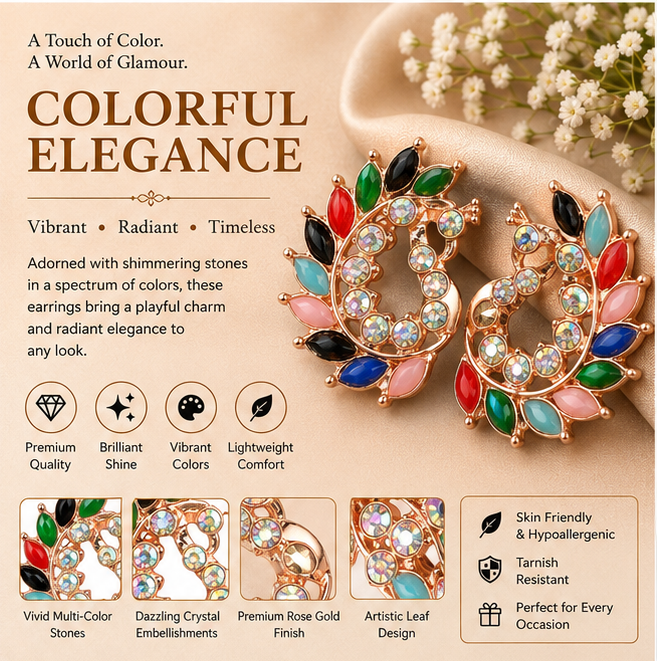 Rose Gold Multicolor Crystal Paisley Statement Stud Earrings