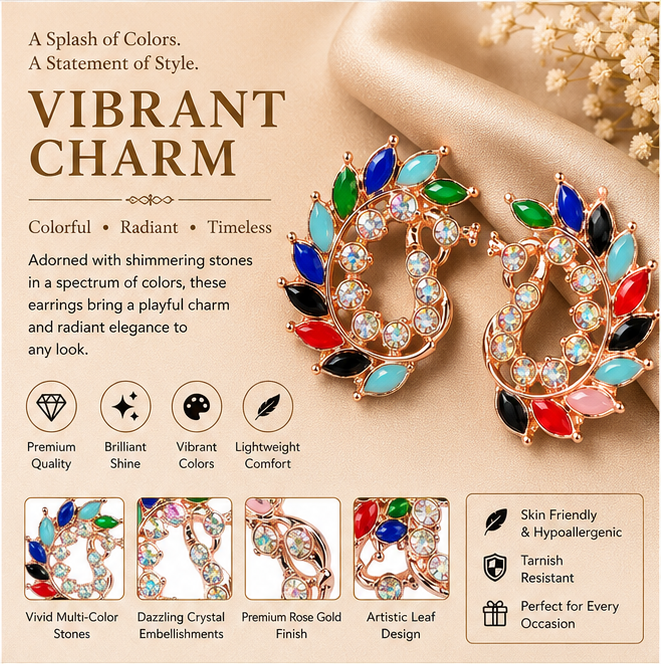 Rose Gold Multicolor Crystal Paisley Statement Stud Earrings