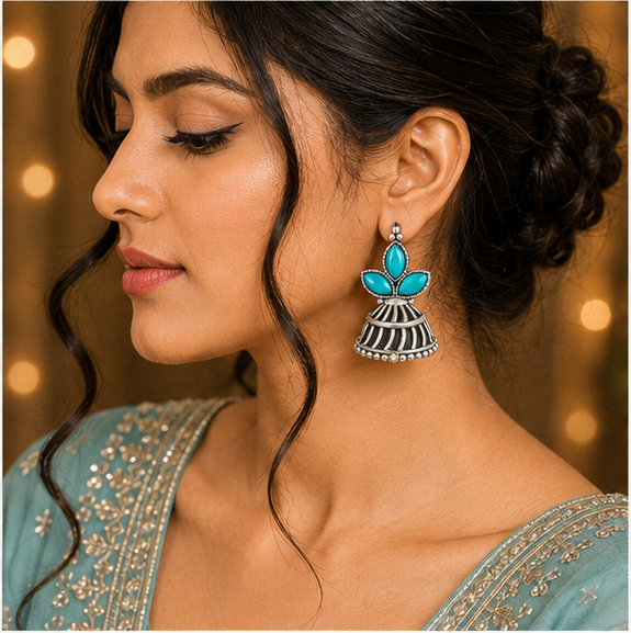 Oxidised Silver Mustard Yellow Stone Statement Earrings