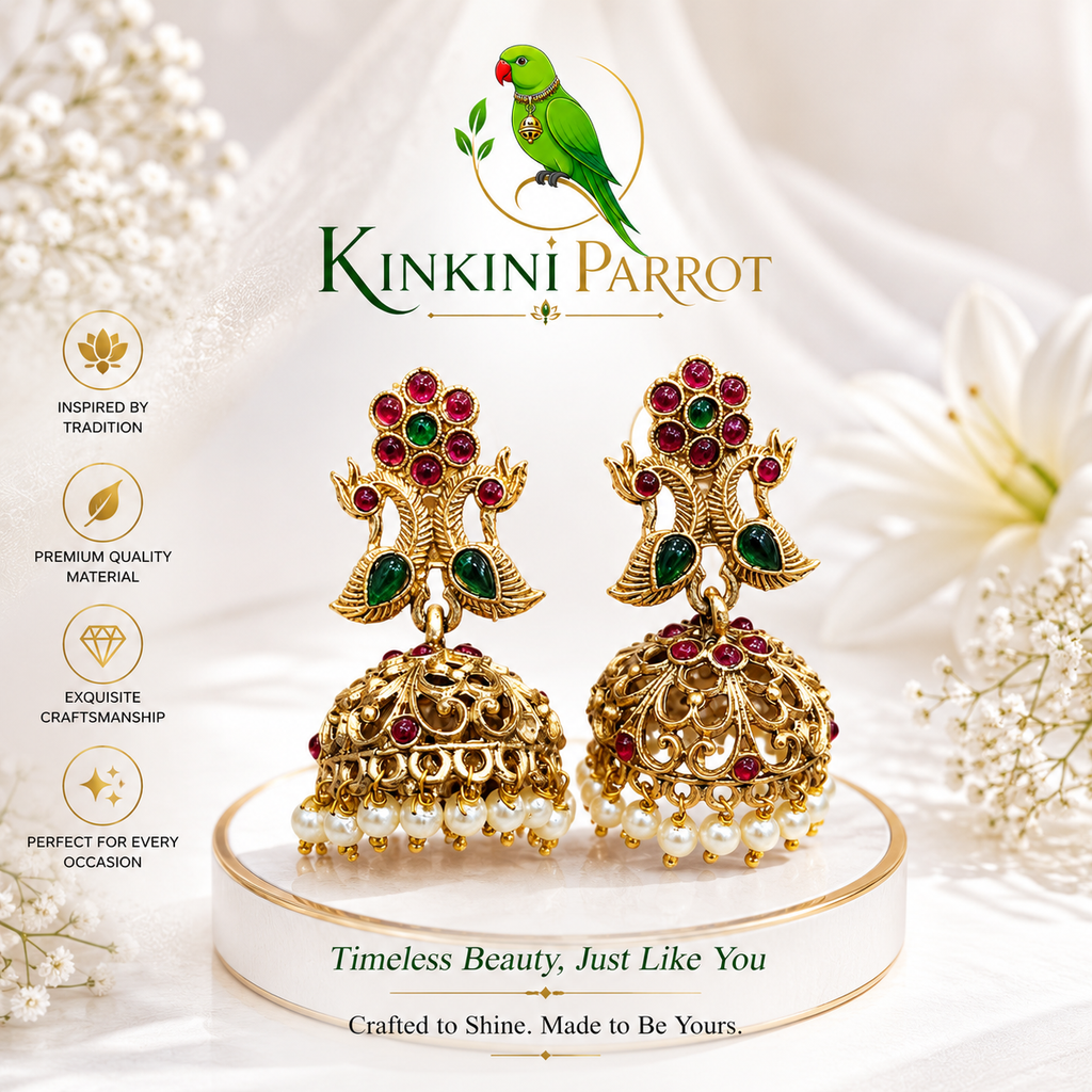 Peacock Temple Kemp Stone Gold Jhumka Earrings