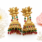 Lotus Antique Gold Jhumka Earrings with Bead Drops
