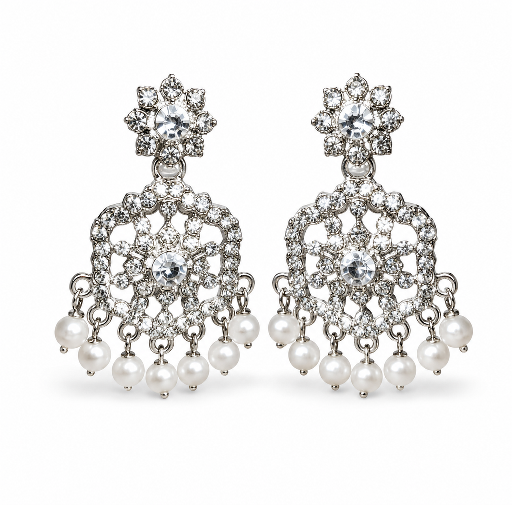 Silver Rhodium White AD Chandbali Earrings with Pearls