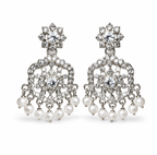 Silver Rhodium White AD Chandbali Earrings with Pearls
