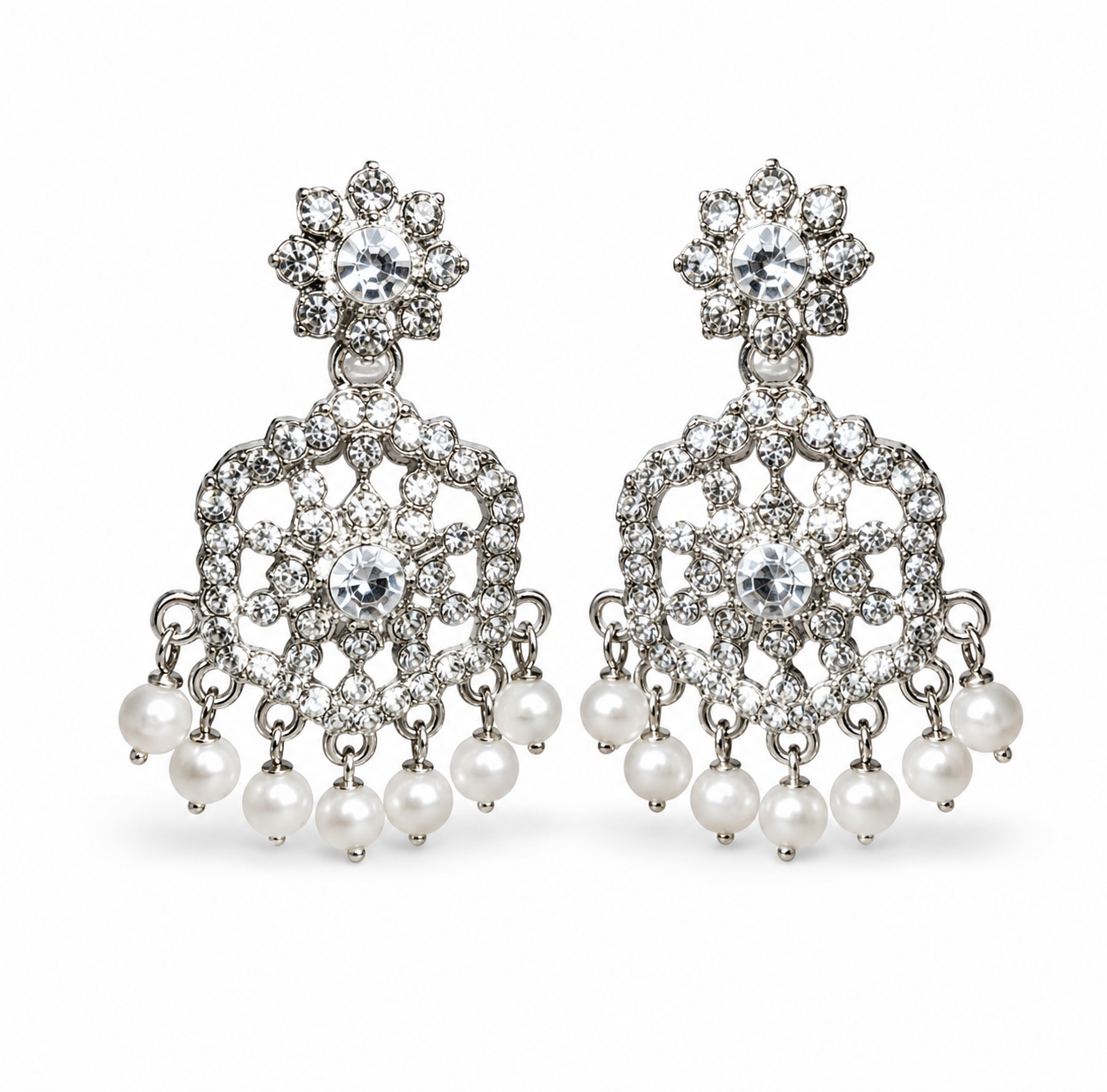 Silver Rhodium White AD Chandbali Earrings with Pearls