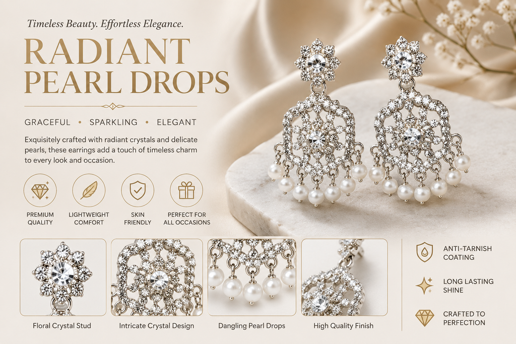 Silver Rhodium White AD Chandbali Earrings with Pearls