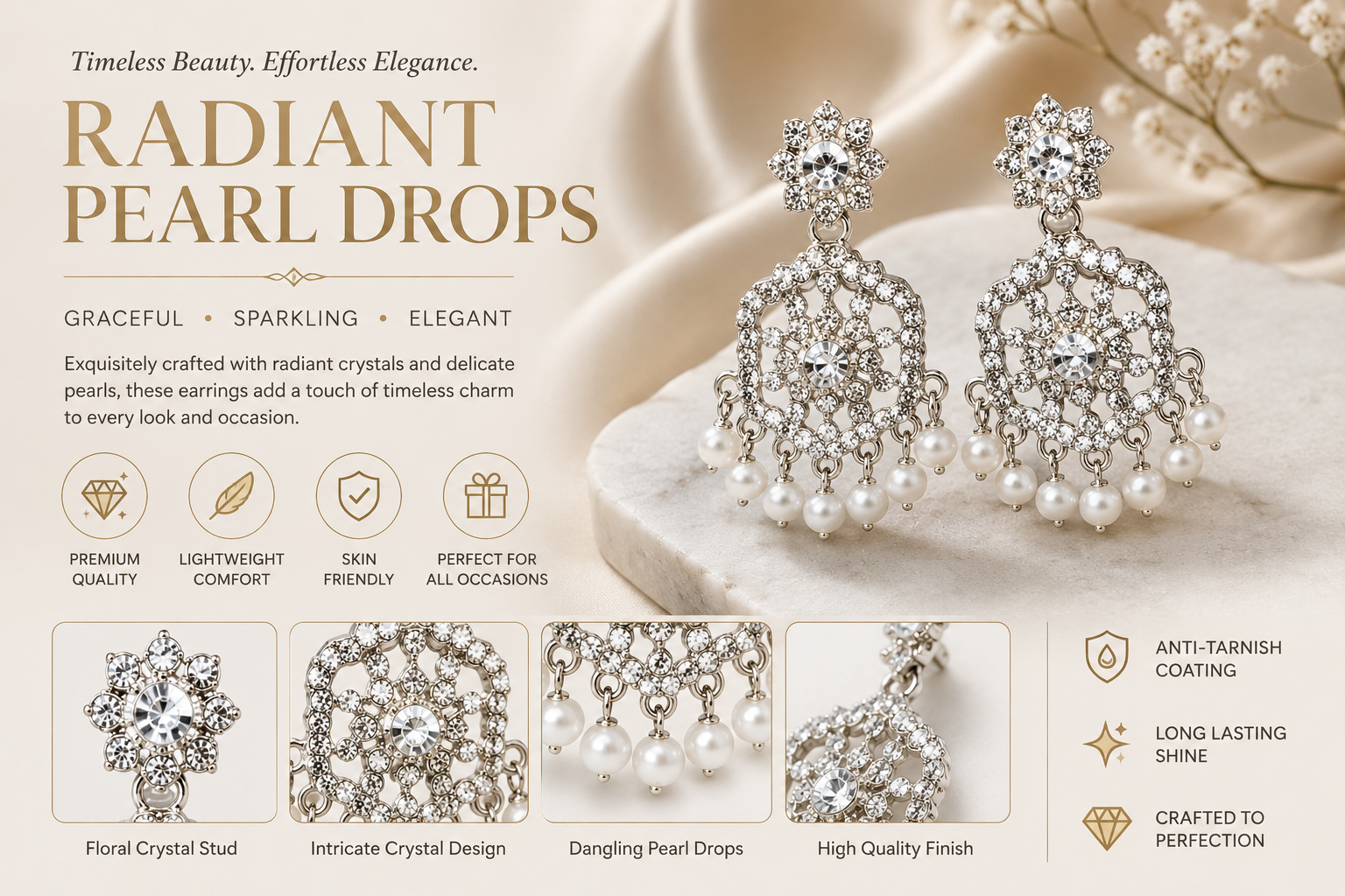 Silver Rhodium White AD Chandbali Earrings with Pearls