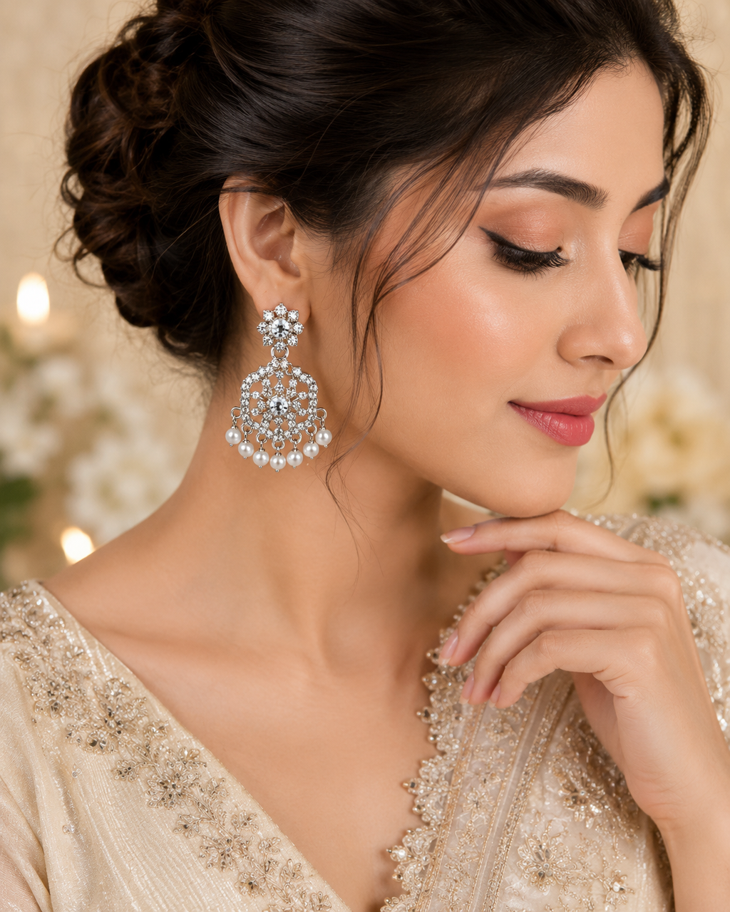 Silver Rhodium White AD Chandbali Earrings with Pearls