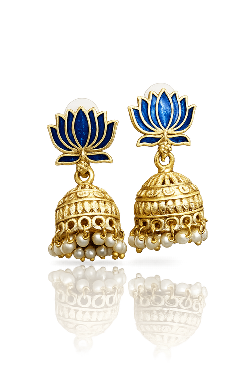 Blue Lotus Meenakari Gold Jhumka Earrings