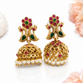 Peacock Temple Kemp Stone Gold Jhumka Earrings
