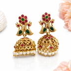 Peacock Temple Kemp Stone Gold Jhumka Earrings