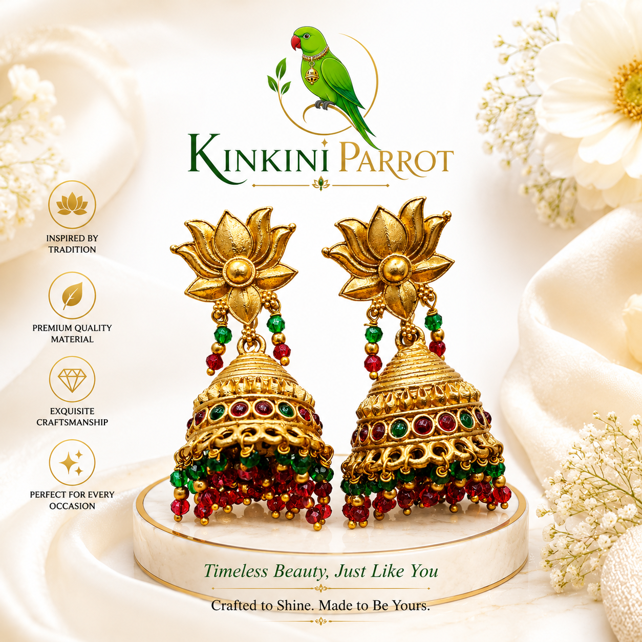 Lotus Antique Gold Jhumka Earrings with Bead Drops
