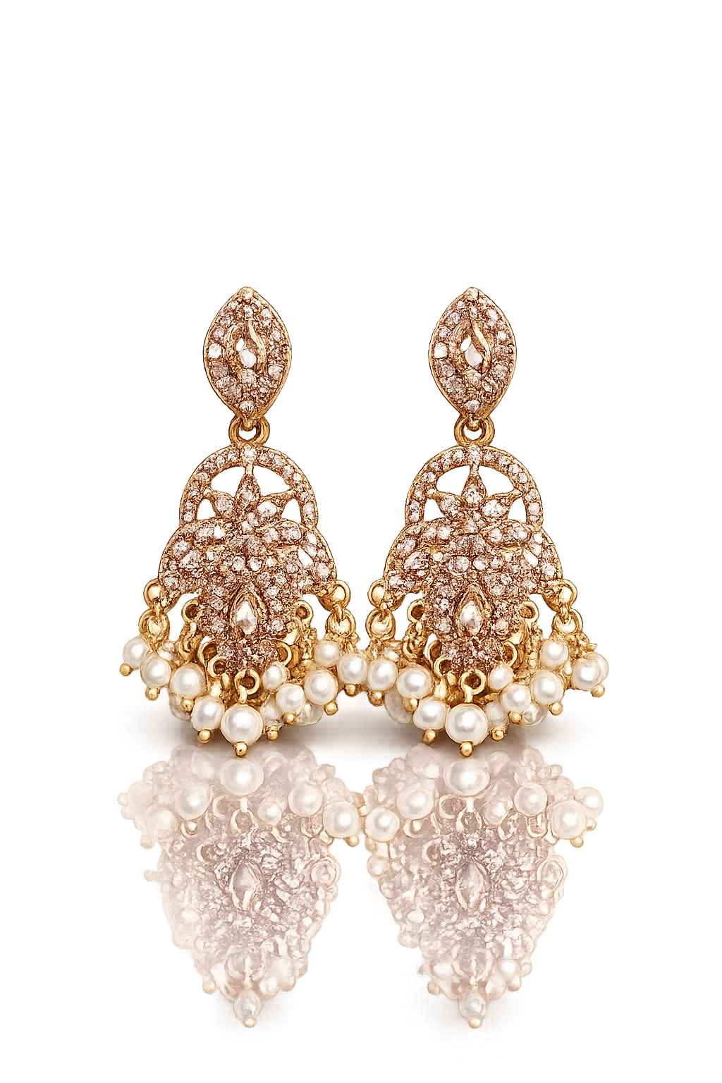 Rose Gold American Diamond Chandbali Earrings with Pearl Drops