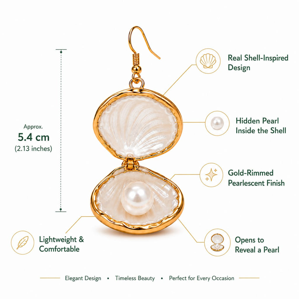 Pearl Reveal Seashell Earrings – Gold-Rimmed Openable Shell Drops with Hidden Pearl for Women & Girls