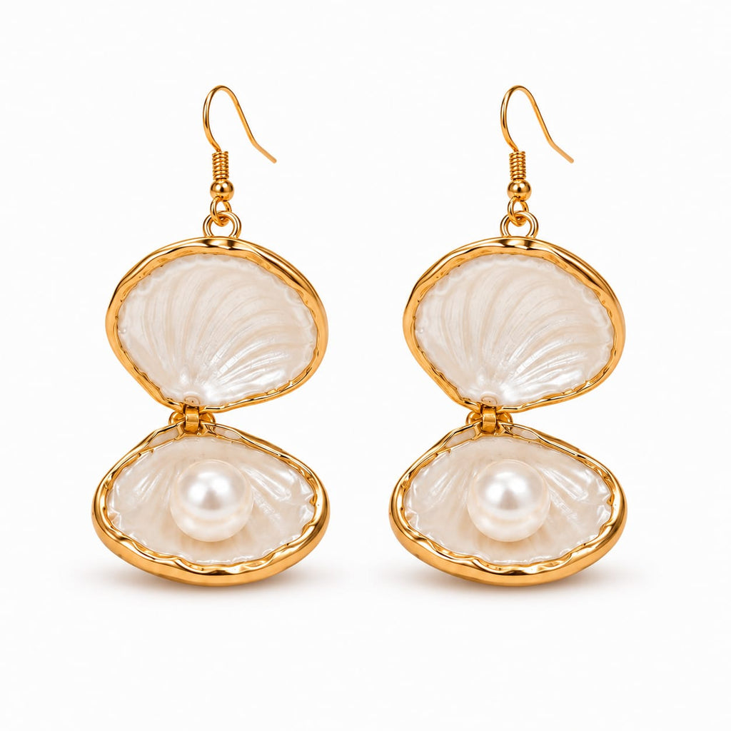 Pearl Reveal Seashell Earrings – Gold-Rimmed Openable Shell Drops with Hidden Pearl for Women & Girls