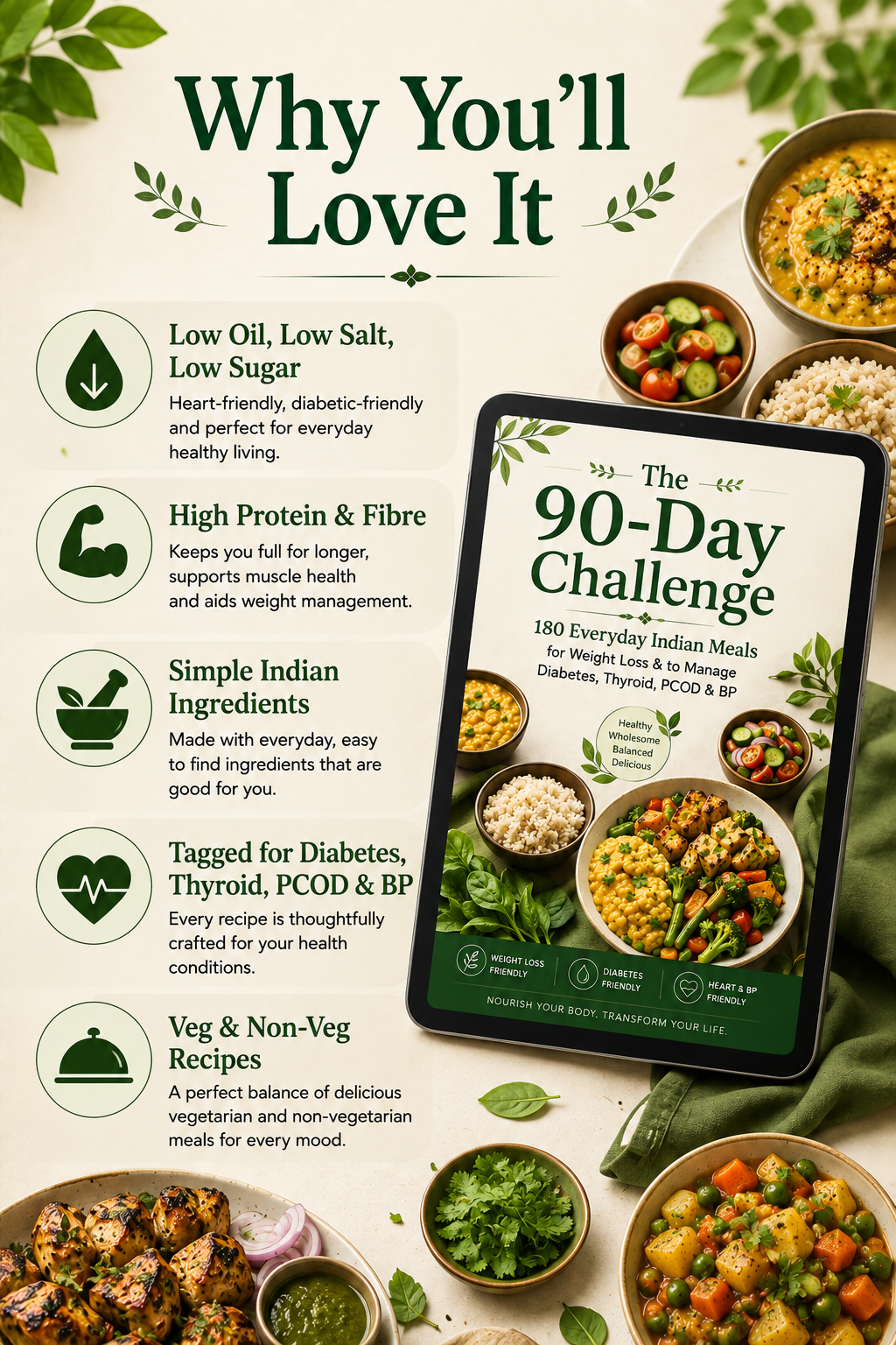 The 90-Day Challenge: 180 Everyday Indian Meals for Weight Loss & to Manage Diabetes, Thyroid, PCOD & BP