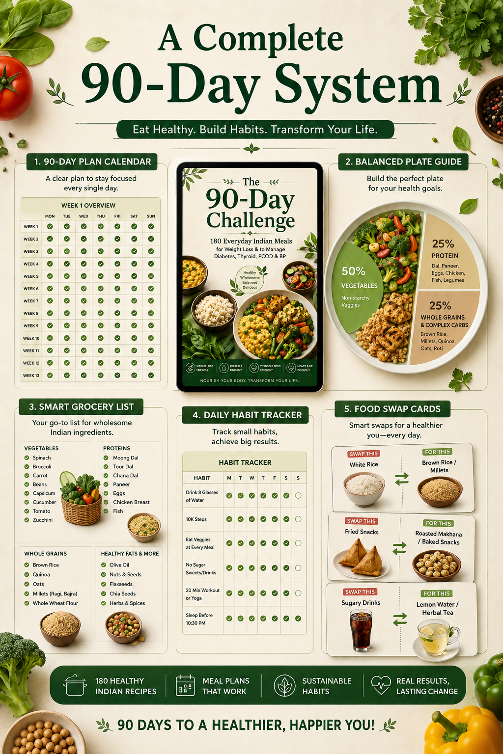 The 90-Day Challenge: 180 Everyday Indian Meals for Weight Loss & to Manage Diabetes, Thyroid, PCOD & BP